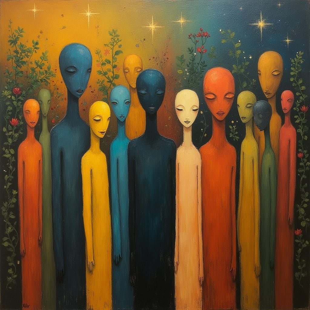 Androgynous Figures in a Surreal, Celestial Landscape