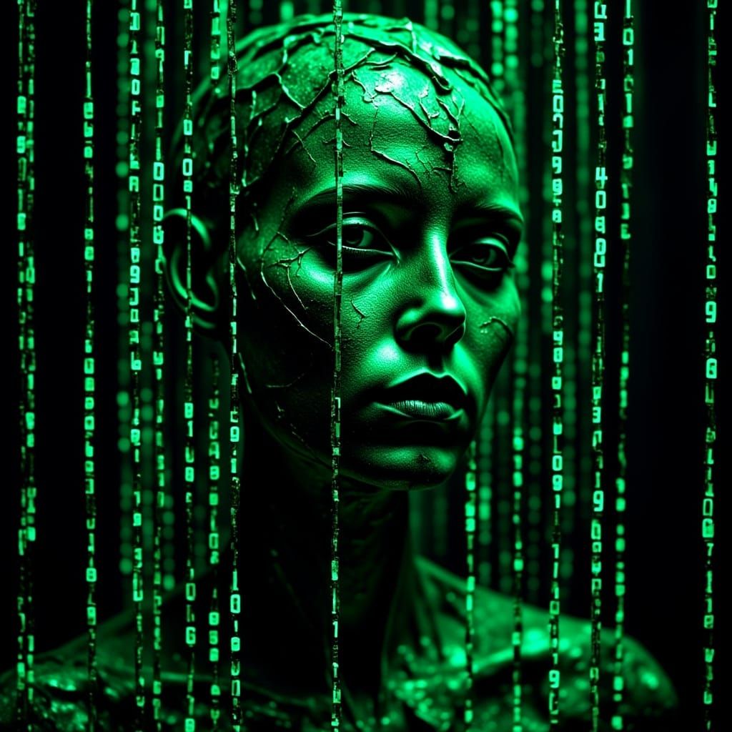 Glowing Code Face Emerges from Binary Wall in Cyberpunk Styl...