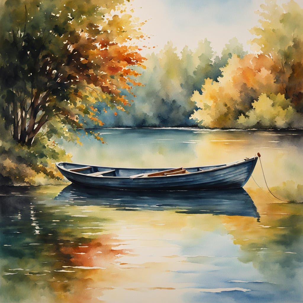 Boat on Lake: Watercolour Painting in Sunlight
