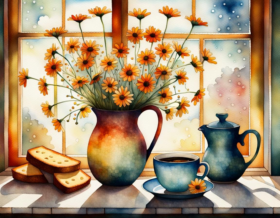 Watercolor Still Life with Daisies and Coffee