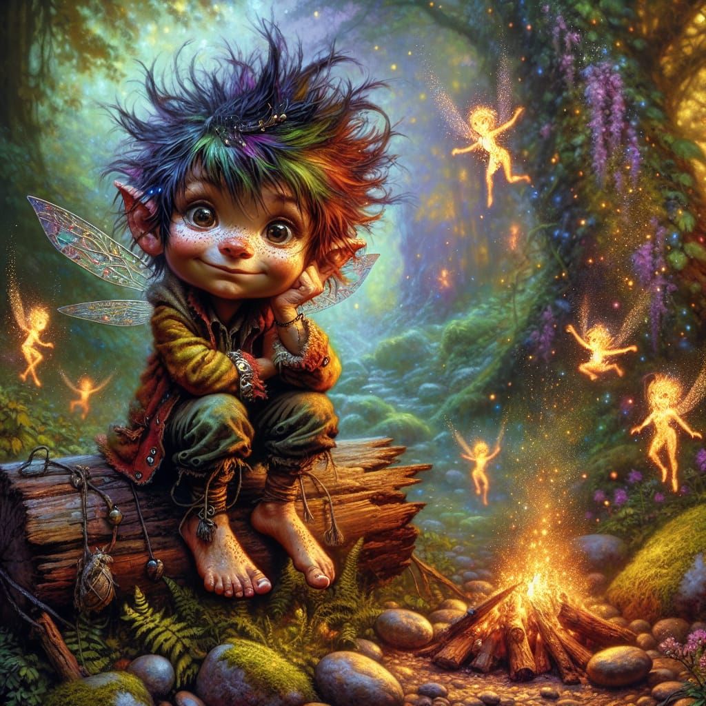 Whimsical Pixie with Fire Fairies in Enchanted Forest