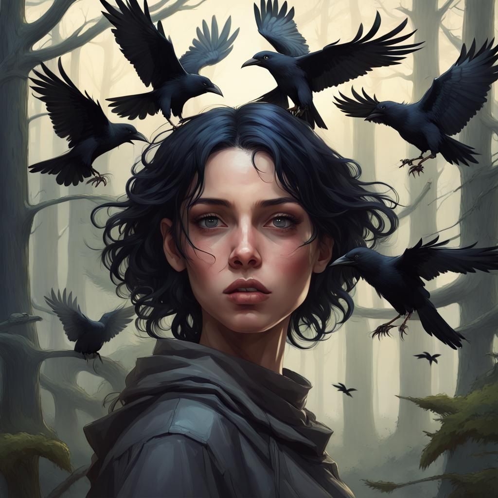 Girl with Crows in Forest, Hyperdetailed Art