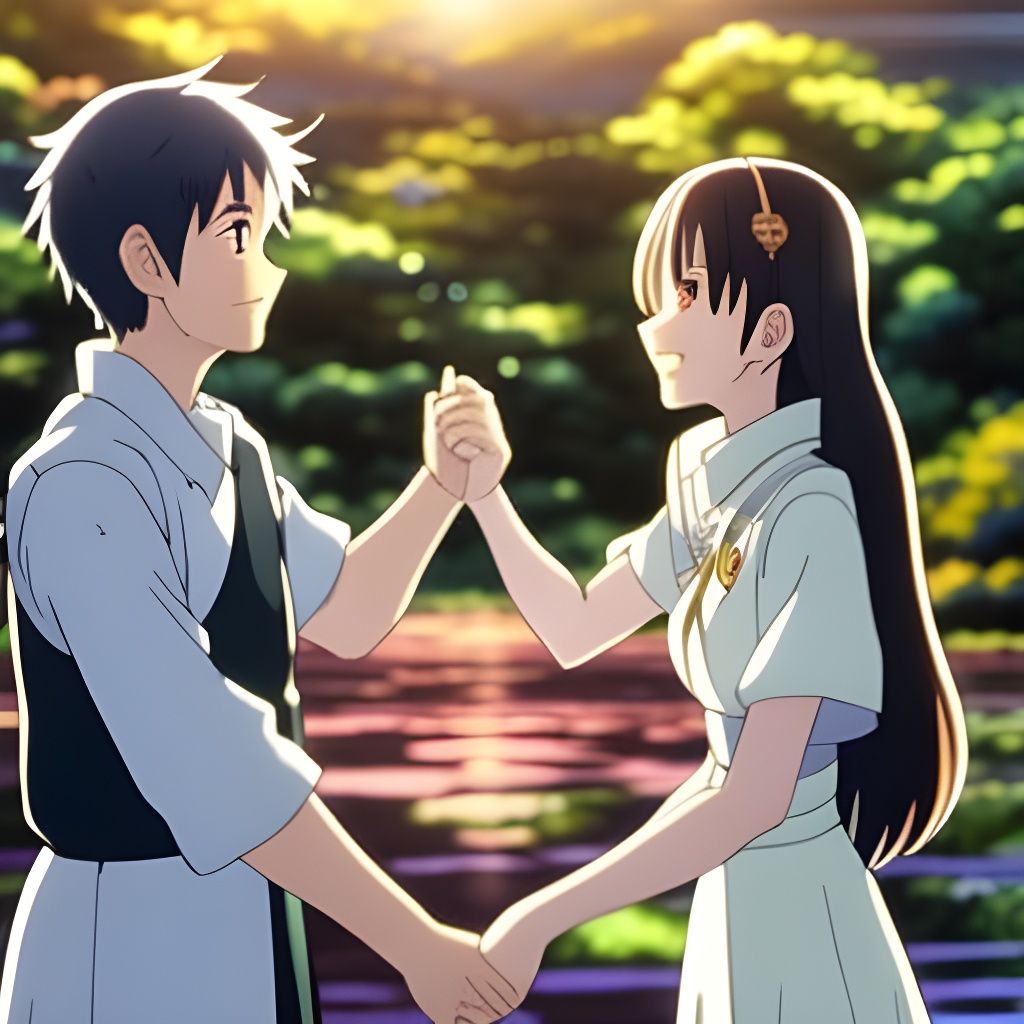 Anime Style Couple Holding Hands in Natural Light