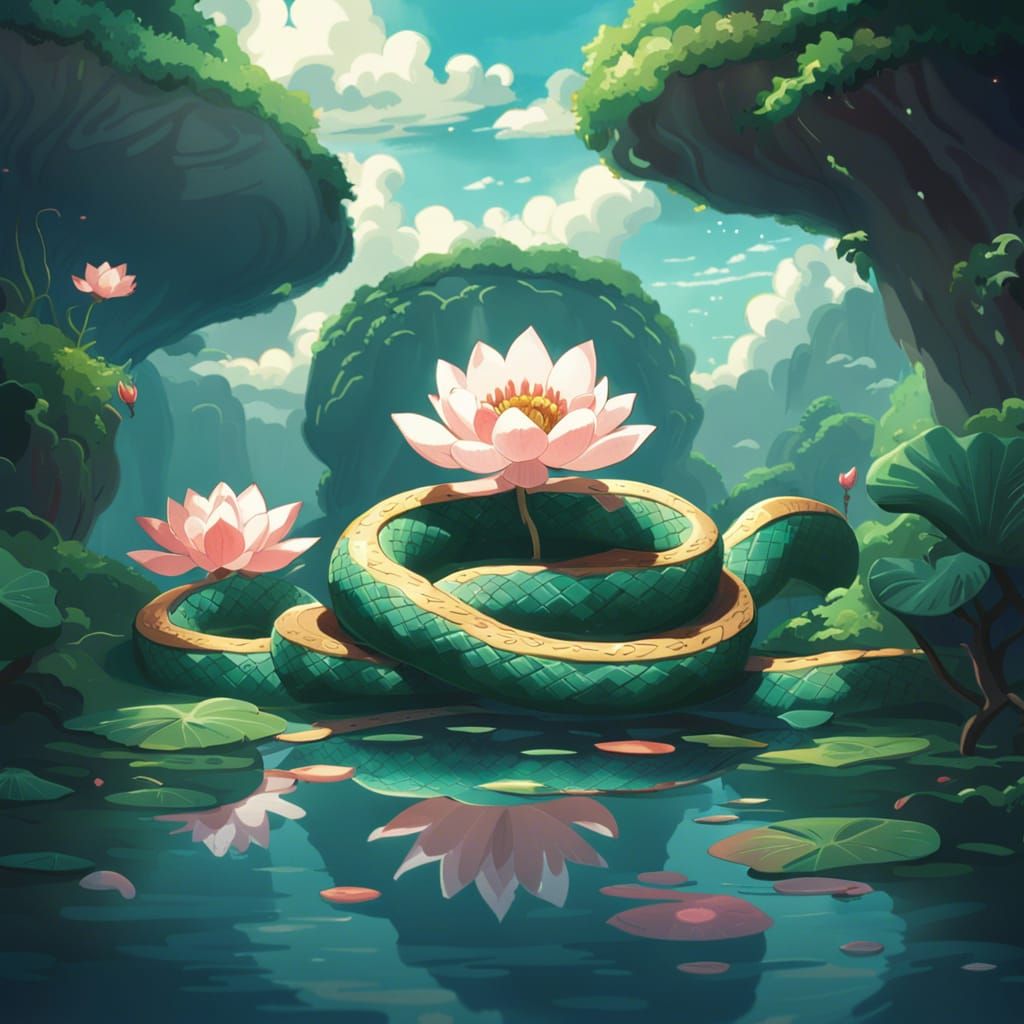 Mythical Snake and Lotus Flower in Anime Style