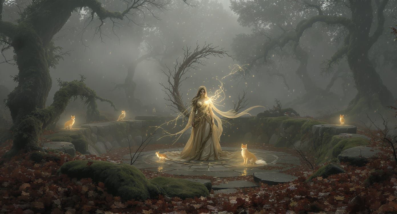 Mysterious Stone Circle Ceremony in Fog-Shrouded Forest