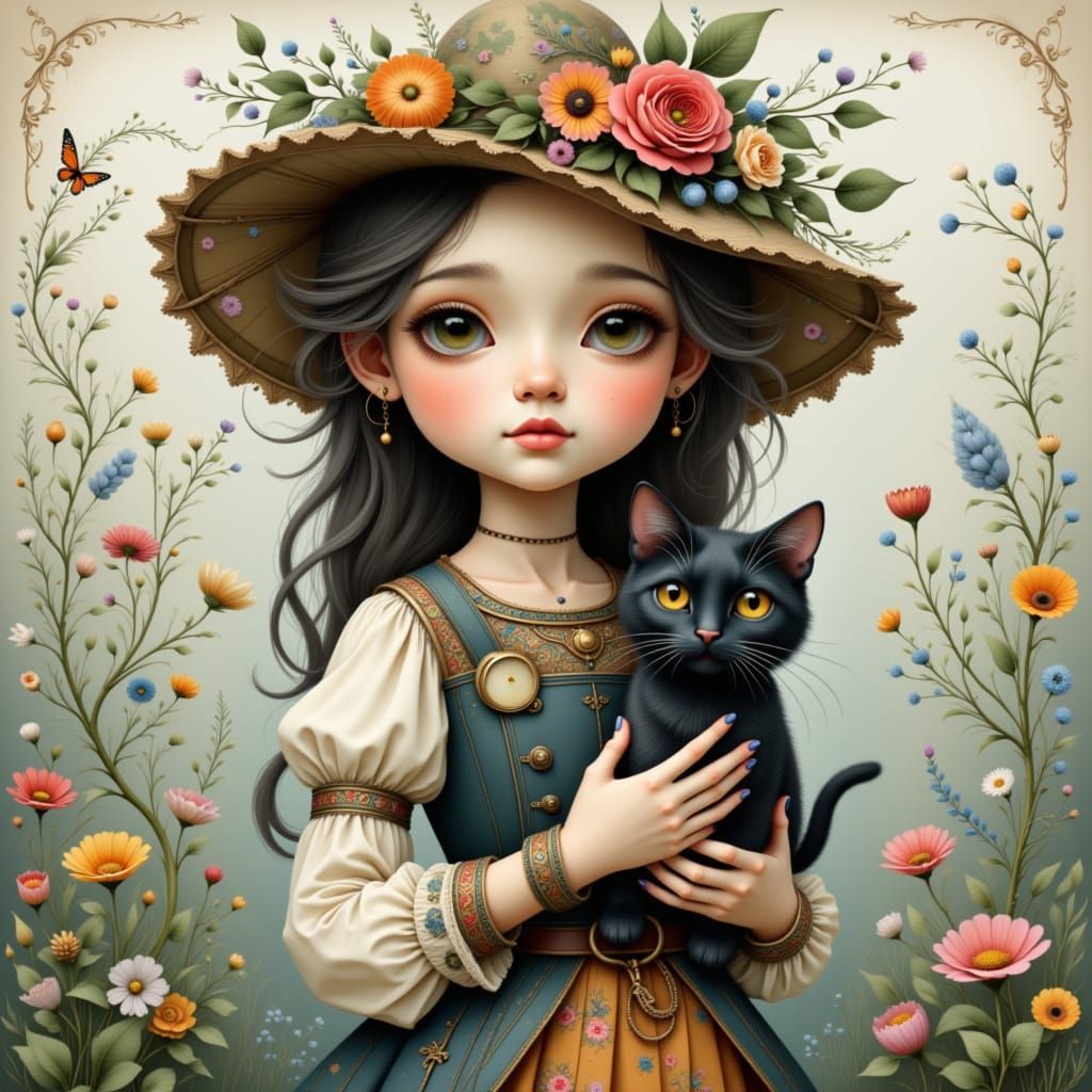 Whimsical Girl with Cat in Dreamy Folk Art Nouveau Style