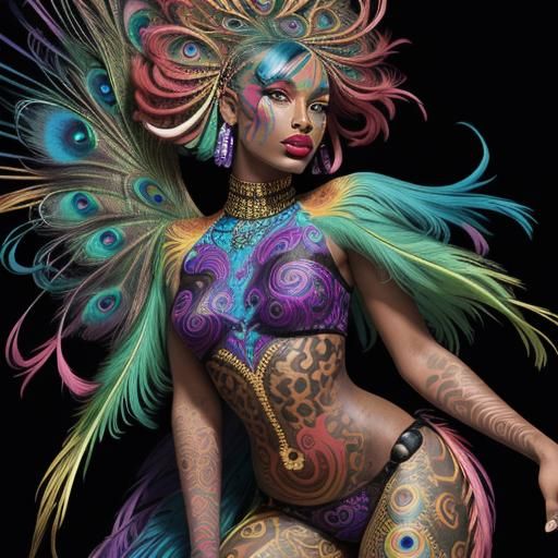 Rainbow Woman with Peacock Feathers in Abstract Art