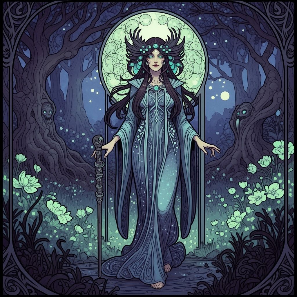 Ethereal Sorceress in Moonlit Grove, Art Nouveau Style