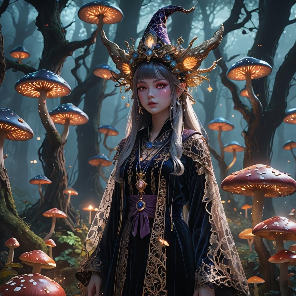 Glamorous Witch in Mystical Forest, Anime-Inspired 3D Art