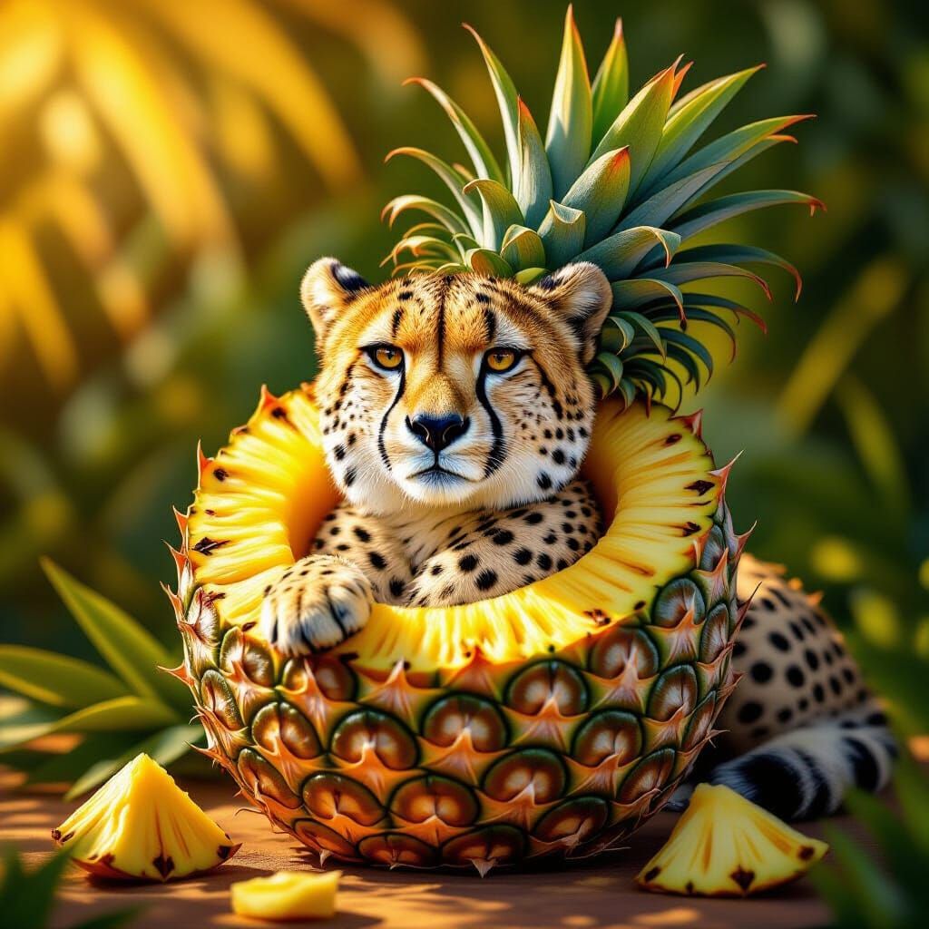 Cheetah Resting Inside Sliced Ripe Pineapple