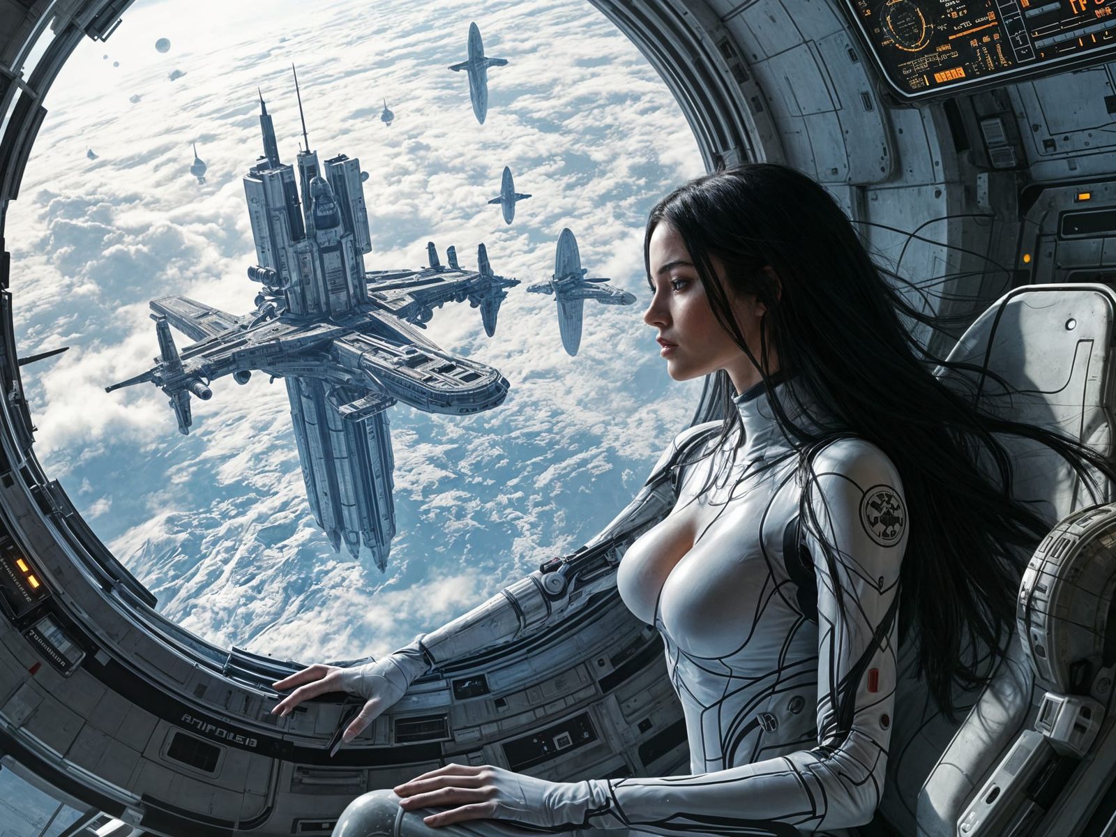 Futuristic Woman Pilots Spaceship Over Alien Planet
