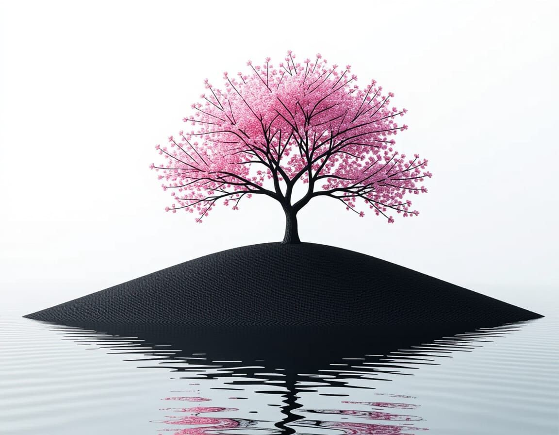 Cherry Tree with Pink Blossoms on Hill Landscape