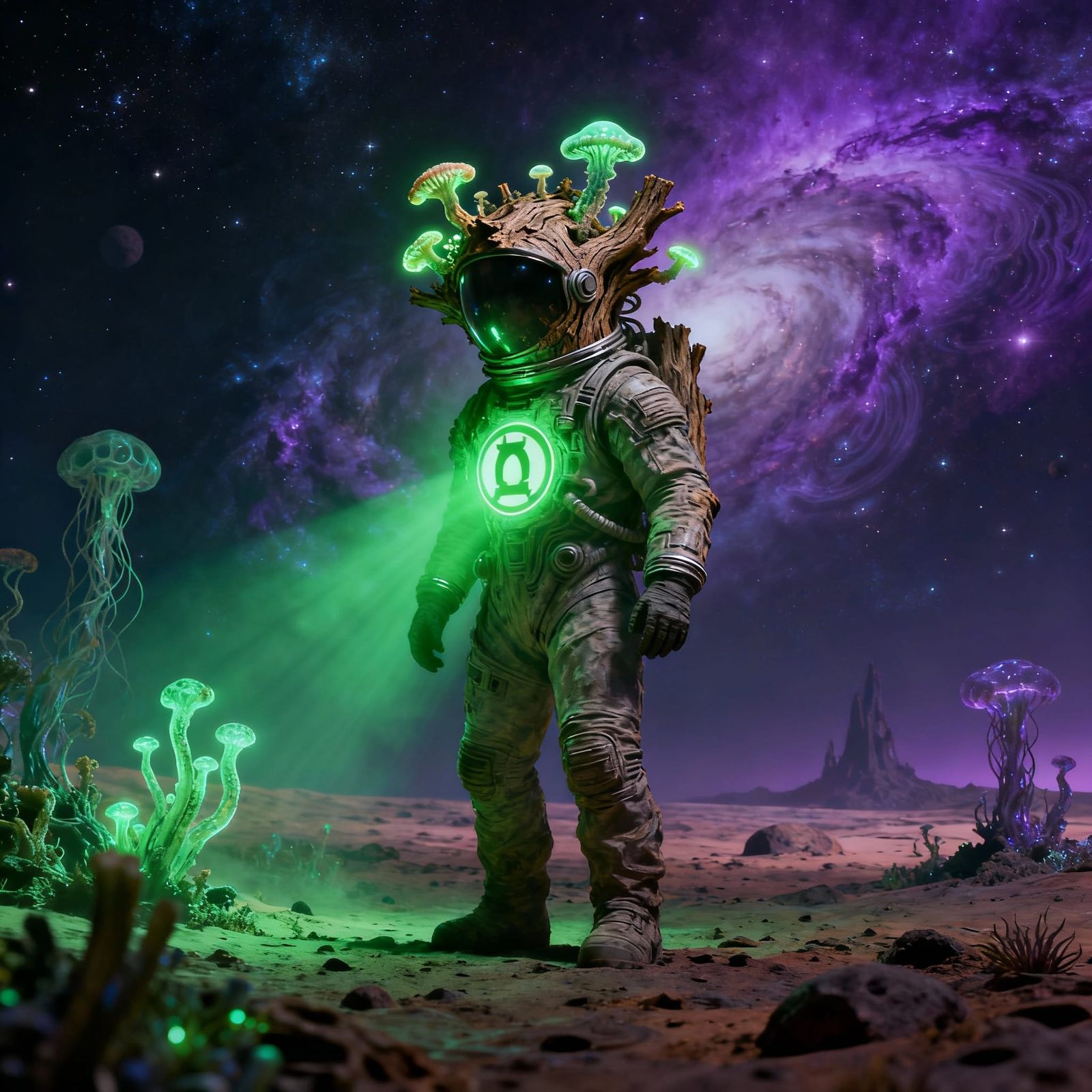 A lone astronaut, reminiscent of Green Lantern's power, stan...