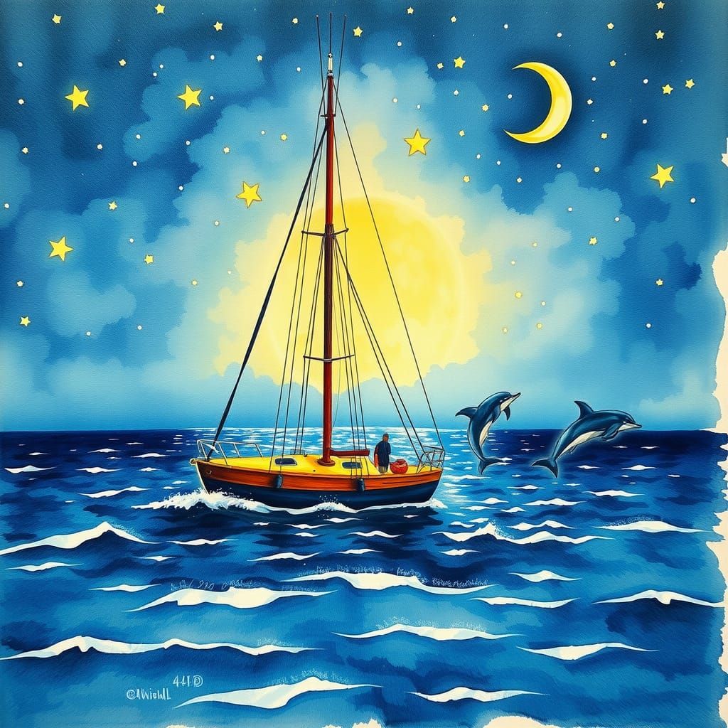 Sailboat at Night with Dolphins: Watercolor Art