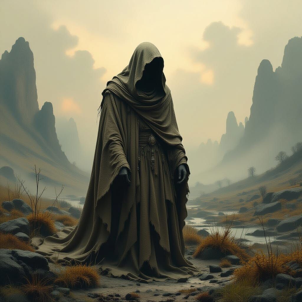 Ancient Figure in Surreal, Dreamlike Landscape