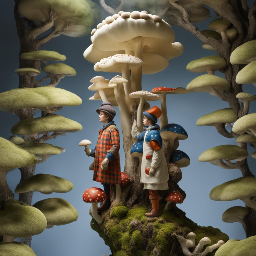 Diverse Surgeon Tending Huge Indigo Mushrooms