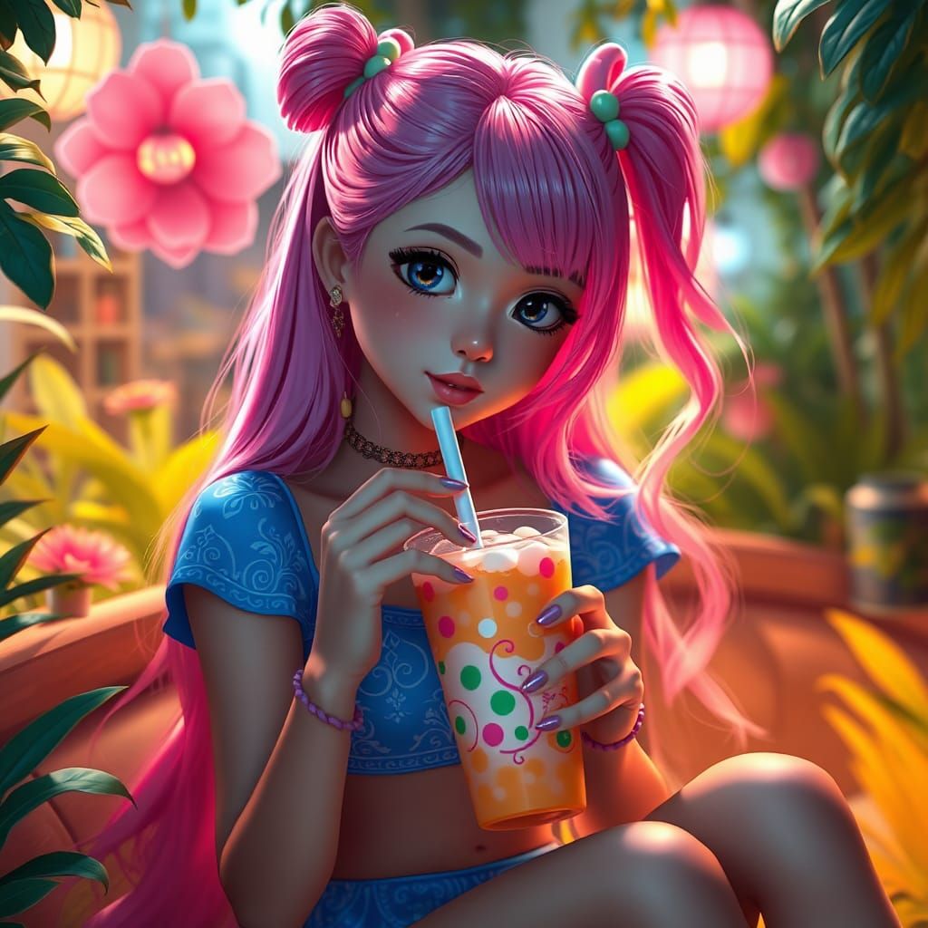 Girl with Pink Hair Sipping Boba, Fantasy Concept Art