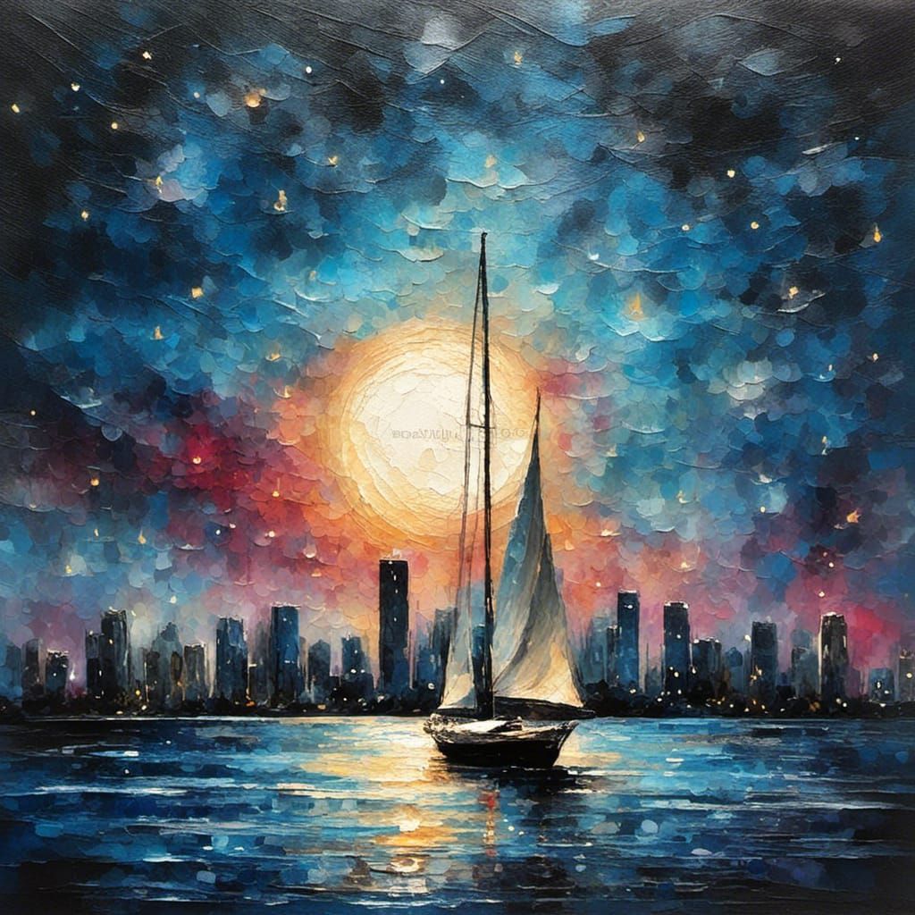 Miami Moonlit Night in Mixed Media Style