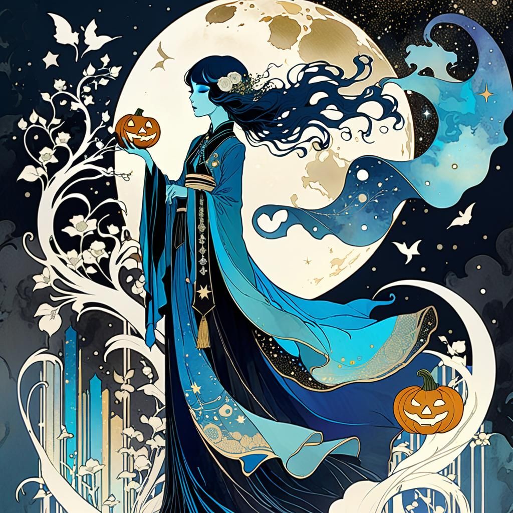 Cosmic Blue Ghost Serenade: Art Nouveau Digital Collage