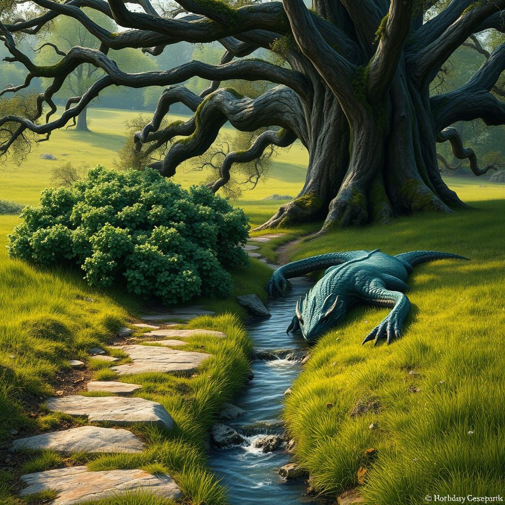 Serene Spring Oasis with Ancient Oak and Dragon Remnants