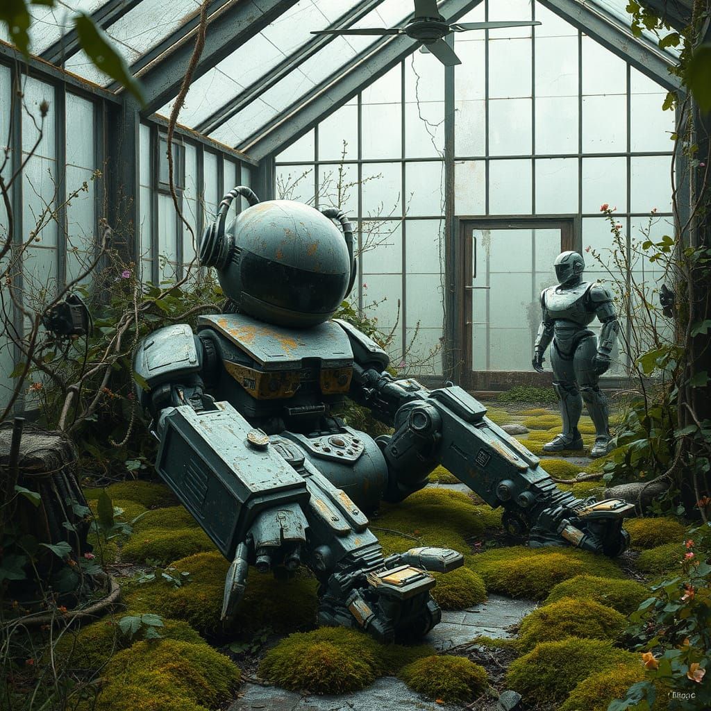 Robot in Overgrown Greenhouse: Painterly Realism