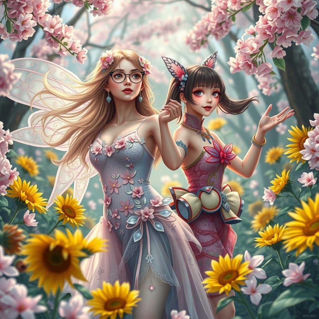 Fairy and Magical Girl Dance in a Vibrant, Hyperrealistic Fl...