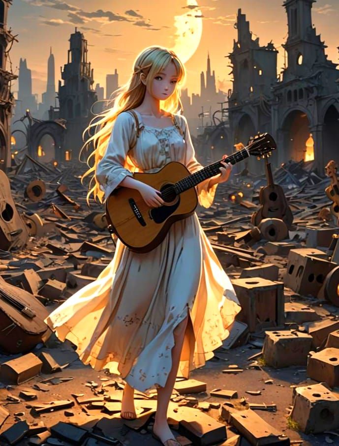 Girl in Guitar Graveyard: 3D Anime Art