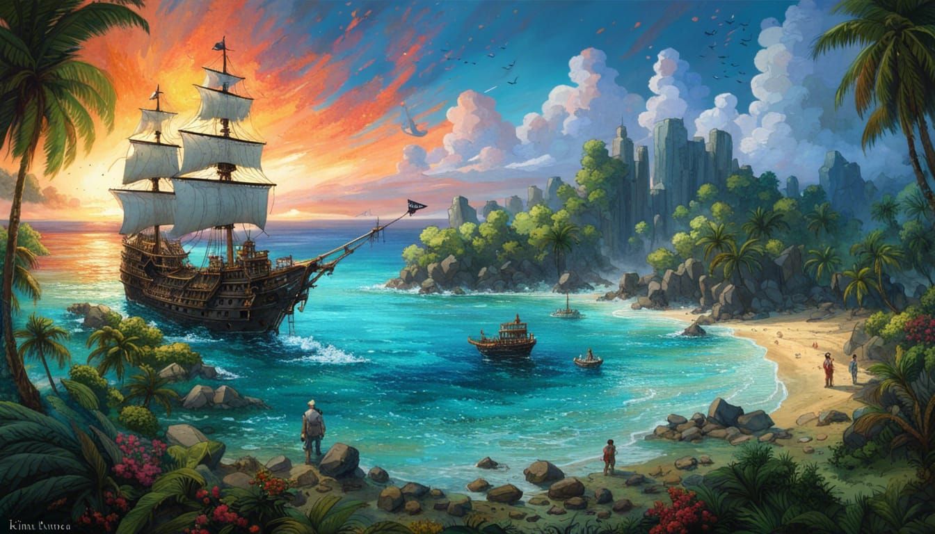 Tropical Island Volcano with Pirate Ship, Fantasy Masterwork