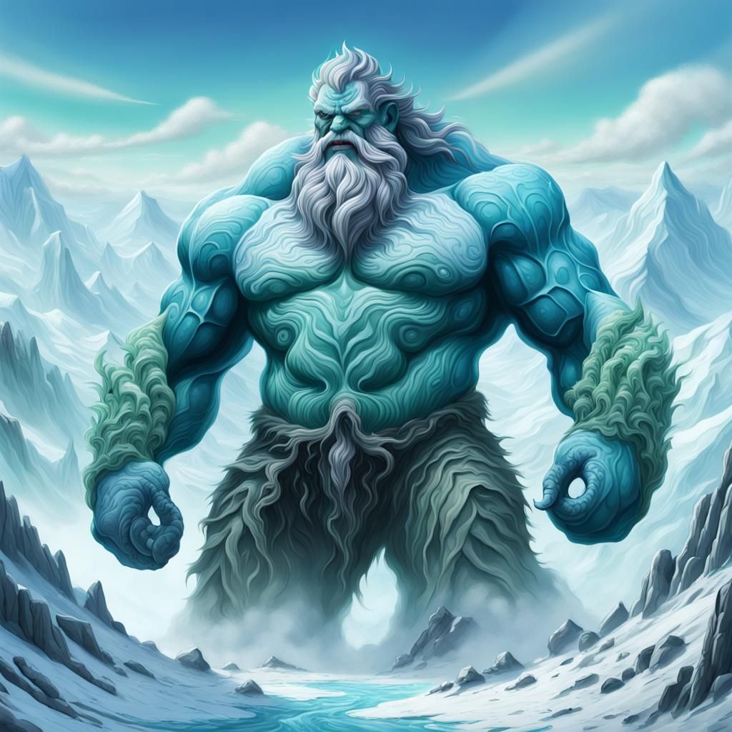 Detailed Ice Giant with Mountain Backdrop