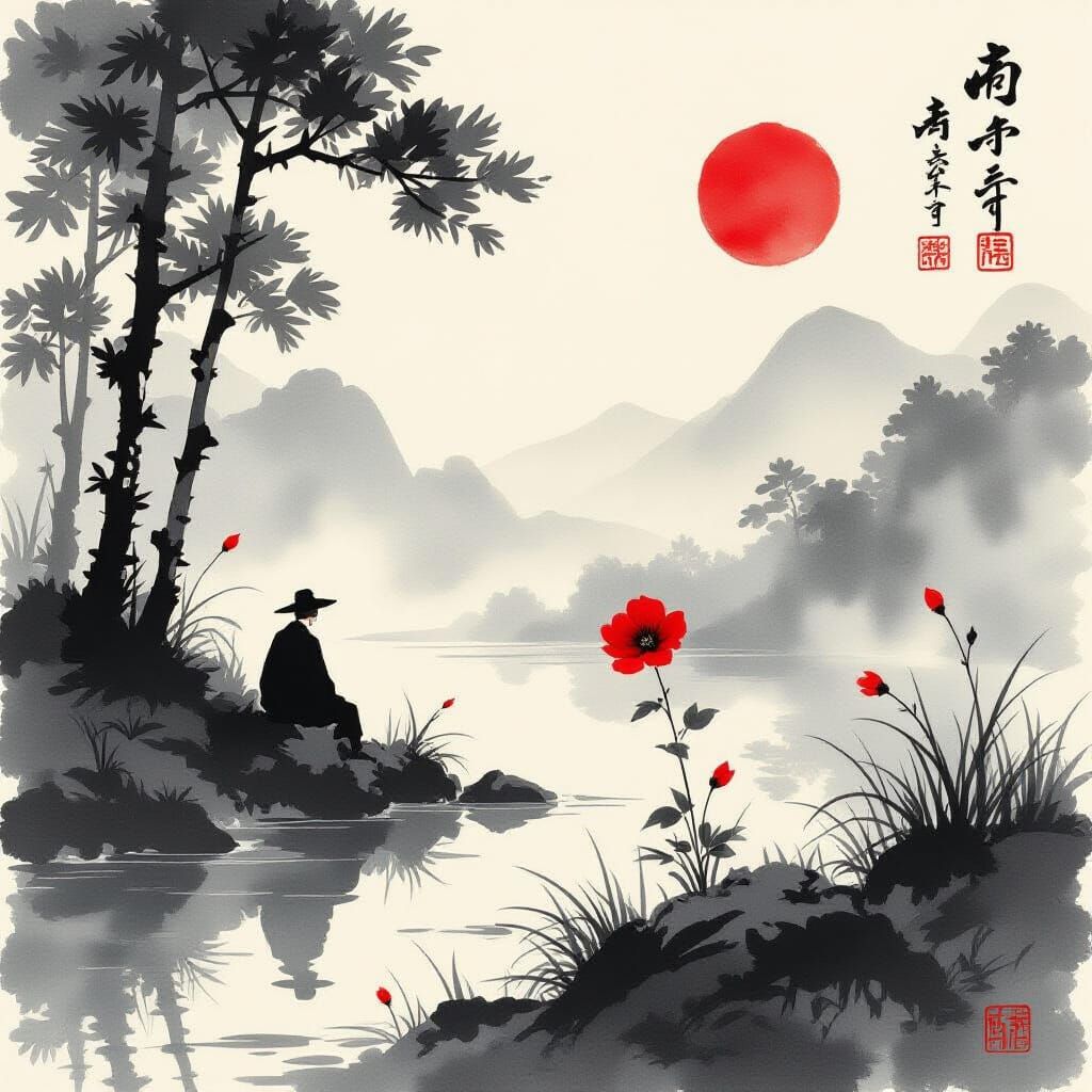 Lonely Flower Companion in Japanese Sumi-e Style