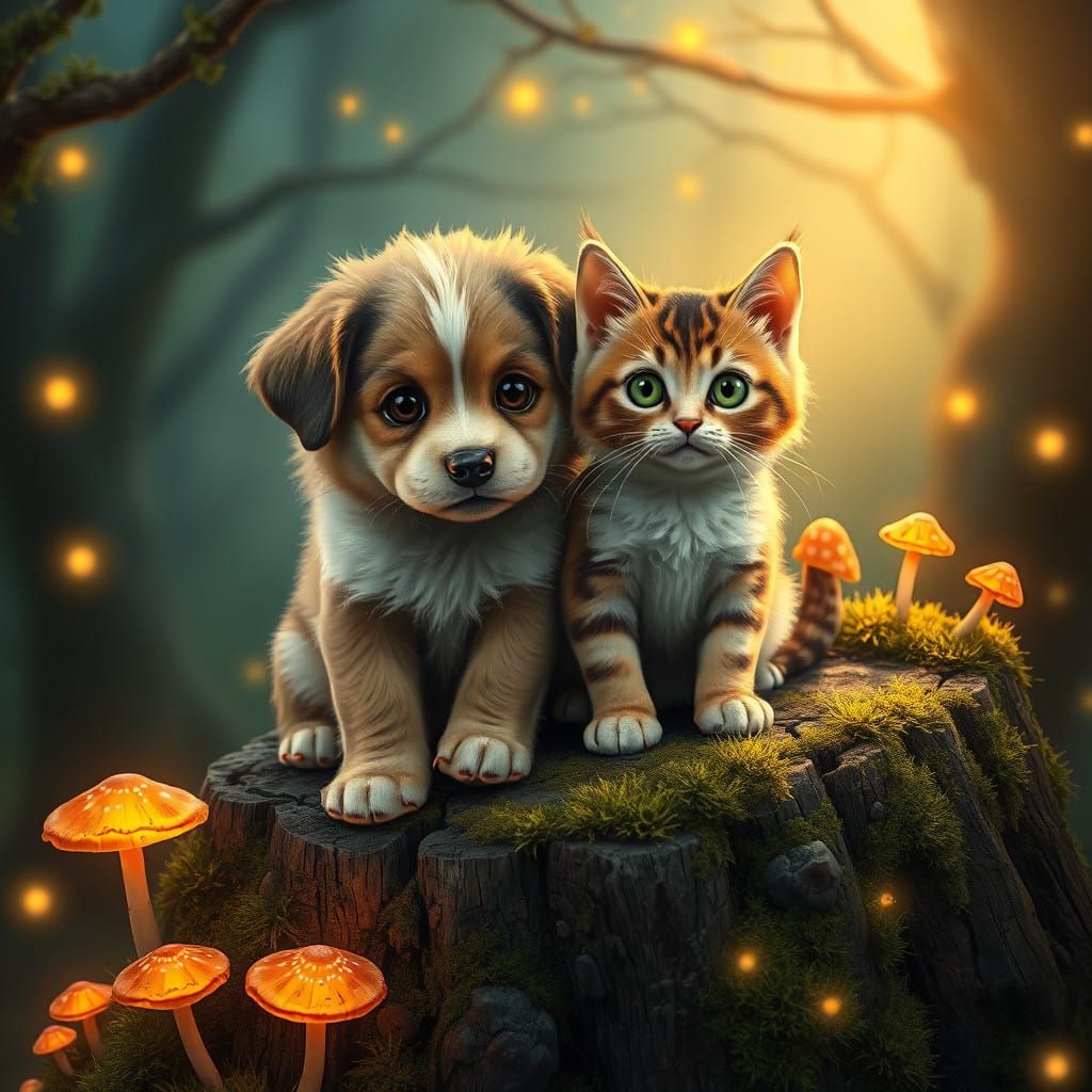 Whimsical Feline Canine Duo in Enchanted Forest