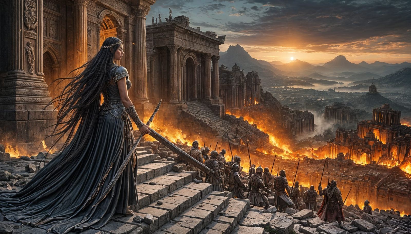 Ancient Greek Temple Under Siege by Moonlight