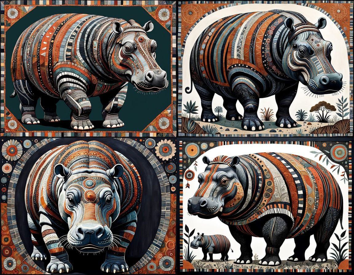 Whimsical Striped Hippo in Textile Art Style