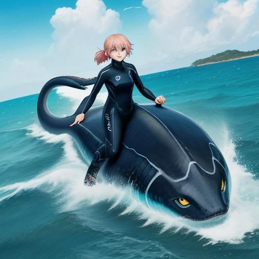 Surfer Rides Sea Serpent in Anime Style