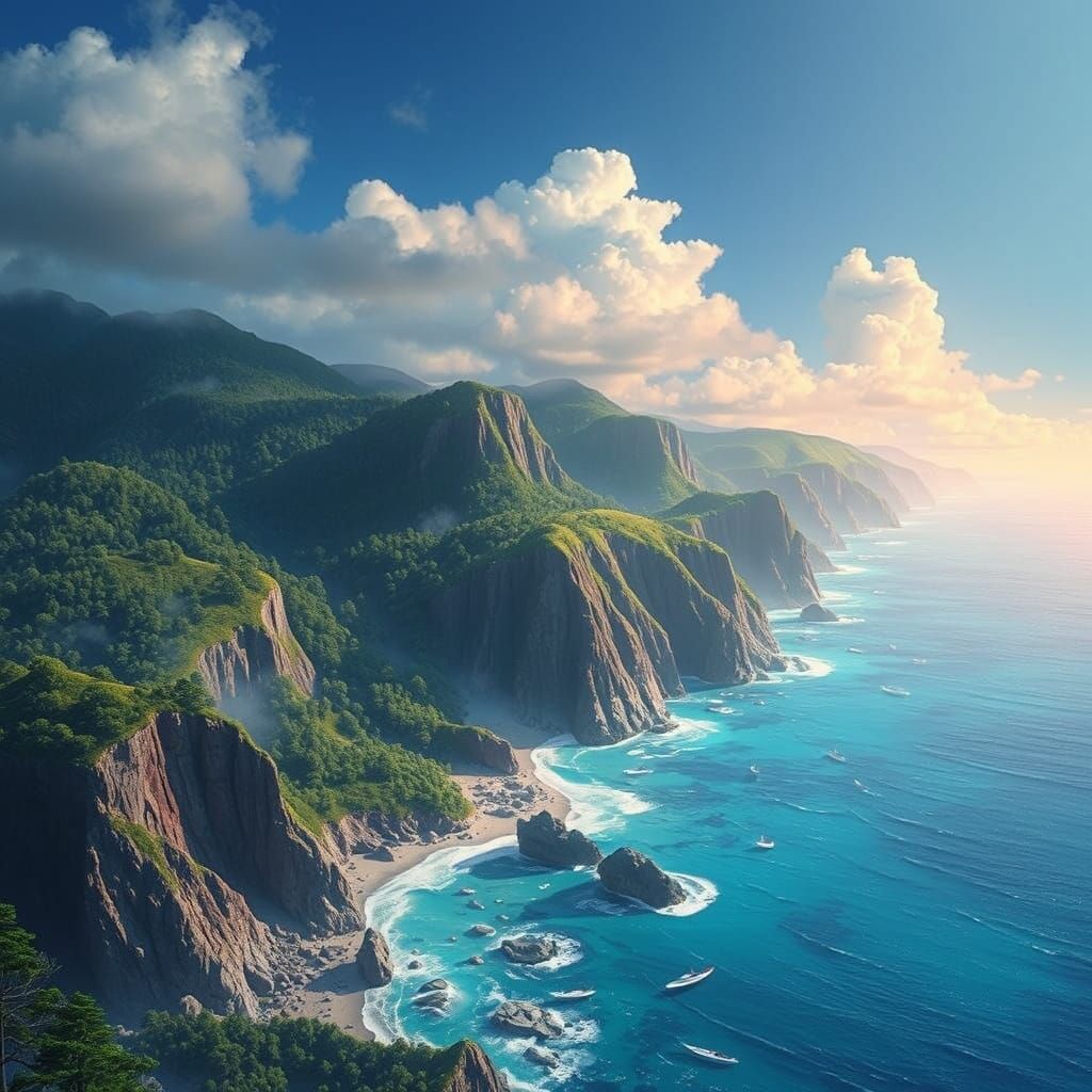 Epic Pacific Coastline in Vibrant High-Fantasy Style