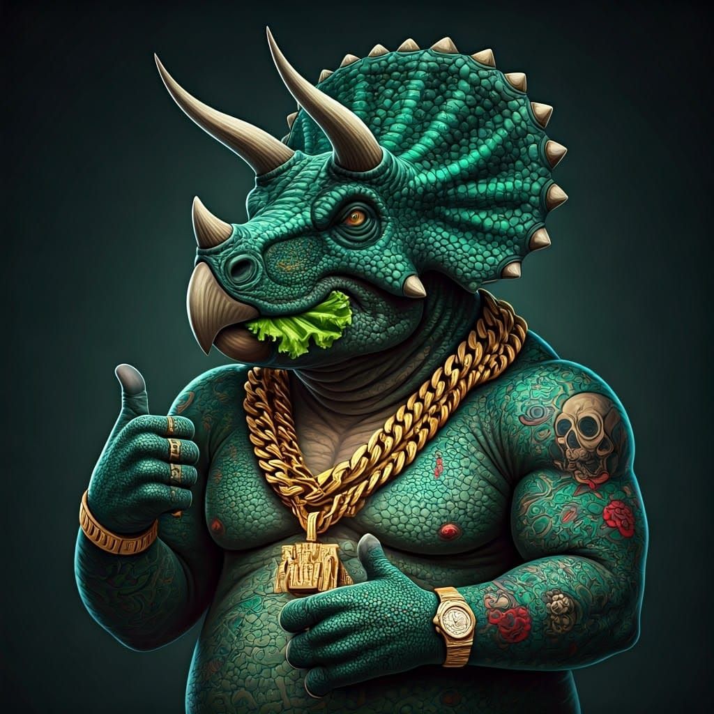 Gangster Rapper Triceratops Exudes Swagger with Gold and Tat...