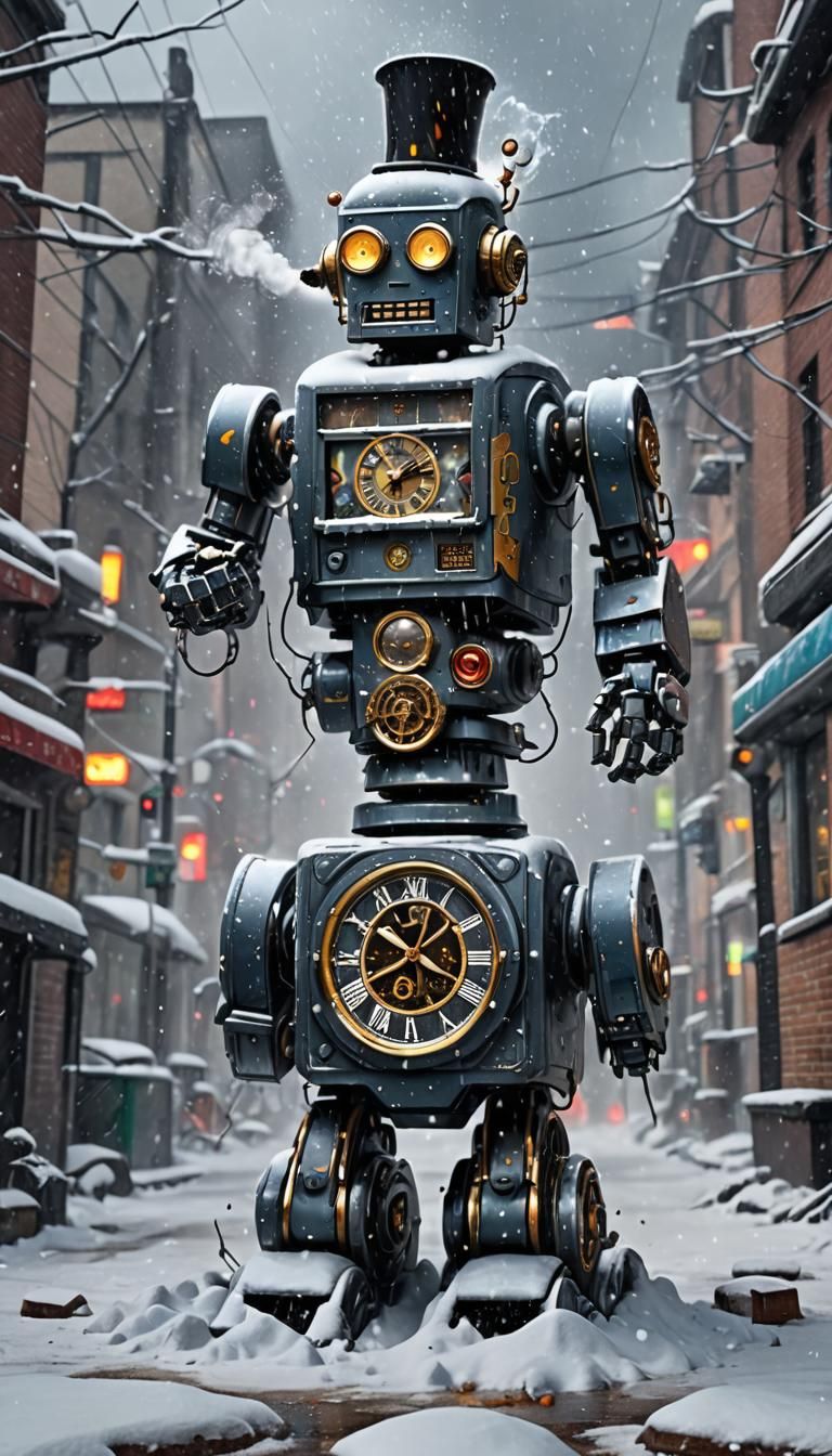 Robot Clock Smoking Cigar in Graffiti Street Art