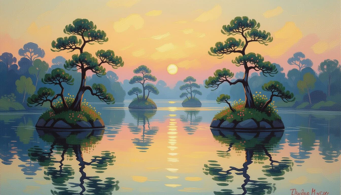 Impressionist Floating Islands with Gnarled Trees and Glowin...