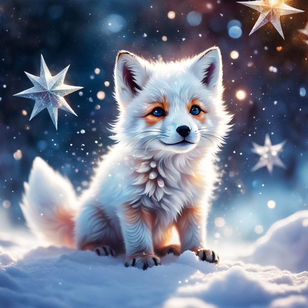 Snow Fox Pup Playing Between Stars