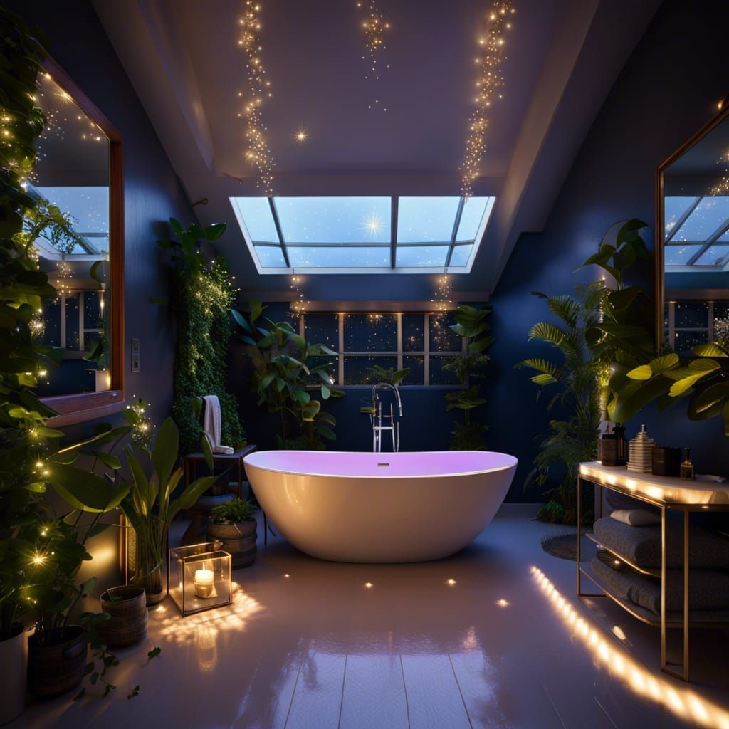 Opulent Bathroom with Starry Skylight, Digital Masterpiece