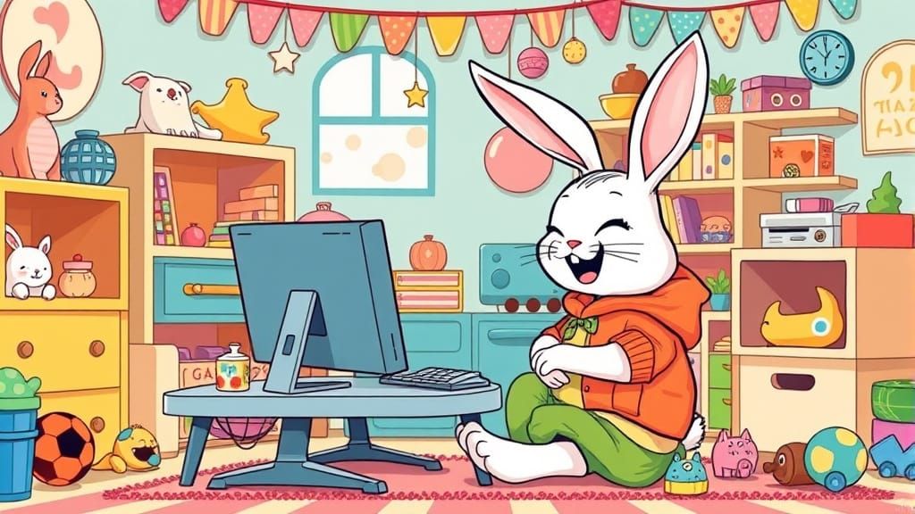 Adorable Bunny Gamer in Whimsical Children's Room