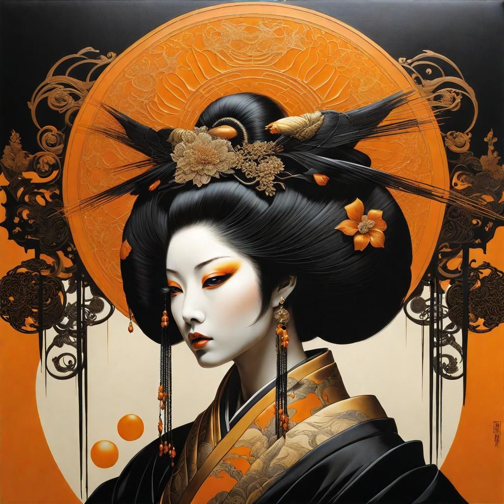Geisha Portrait in Black and Amber-Orange