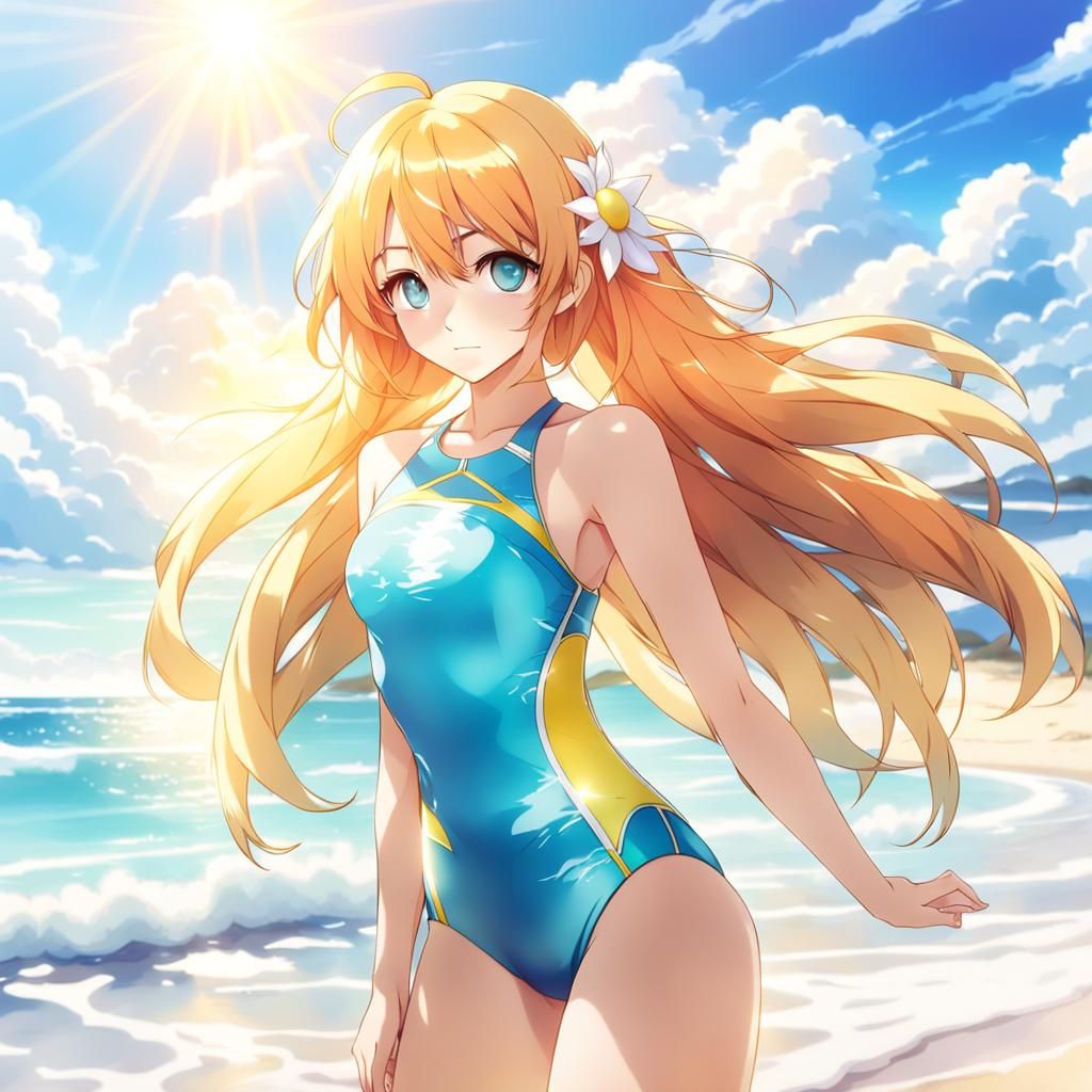 Attractive Anime Woman on Beach in Sunshine