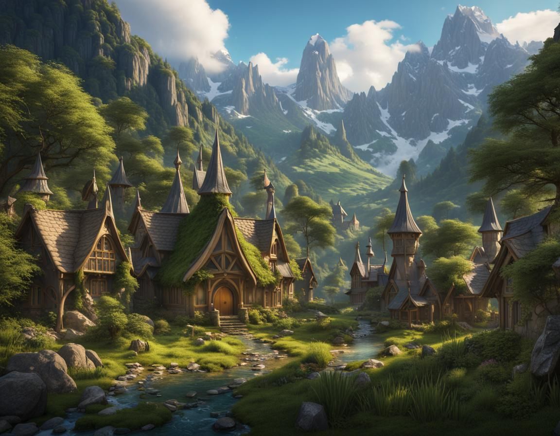 Lush Fairy Village in Mountain Valley: Fantasy Art