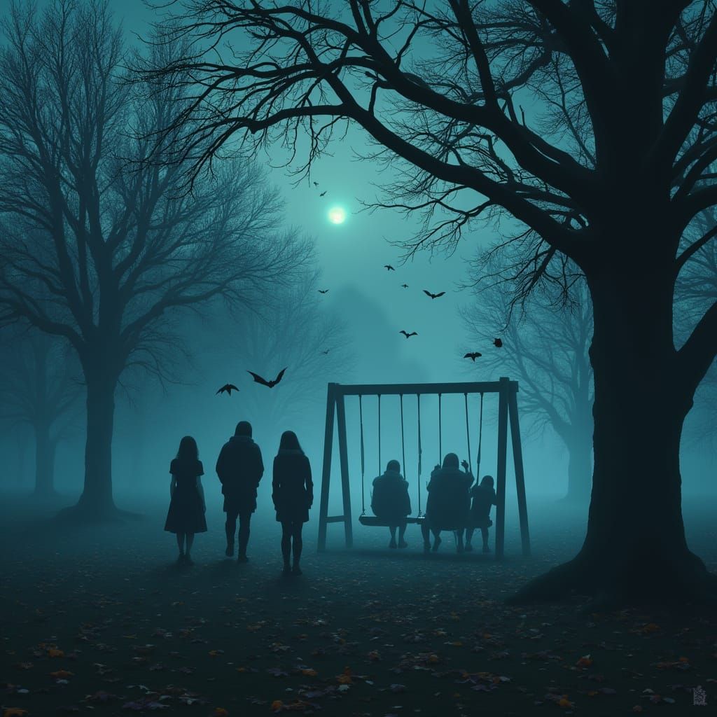 Teenagers in Foggy Park with Ghosts and Bats