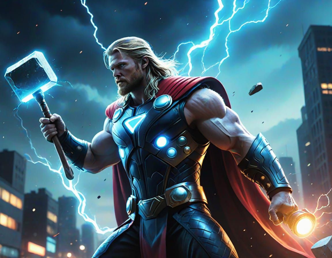 Majestic Thor Unleashes Divine Fury in a Vibrant Cityscape
