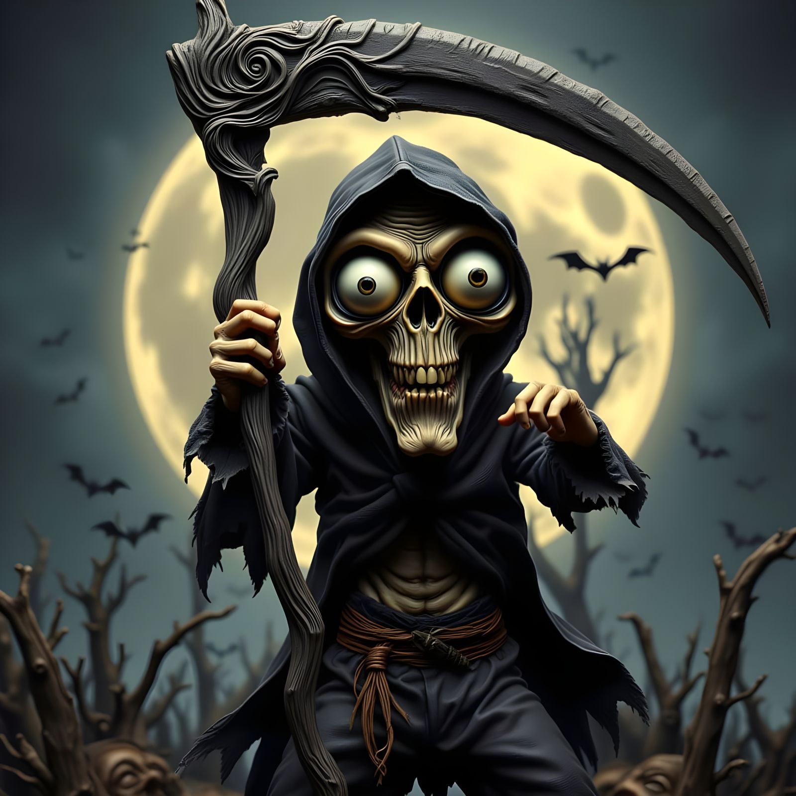 Claymation Grim Reaper with Scythe in Spooky Setting