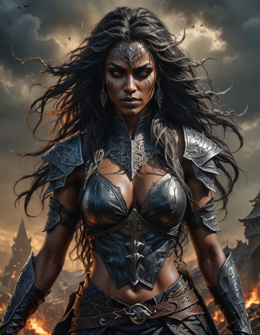 Dark Elf Warrior in Burning Field, D&D Style