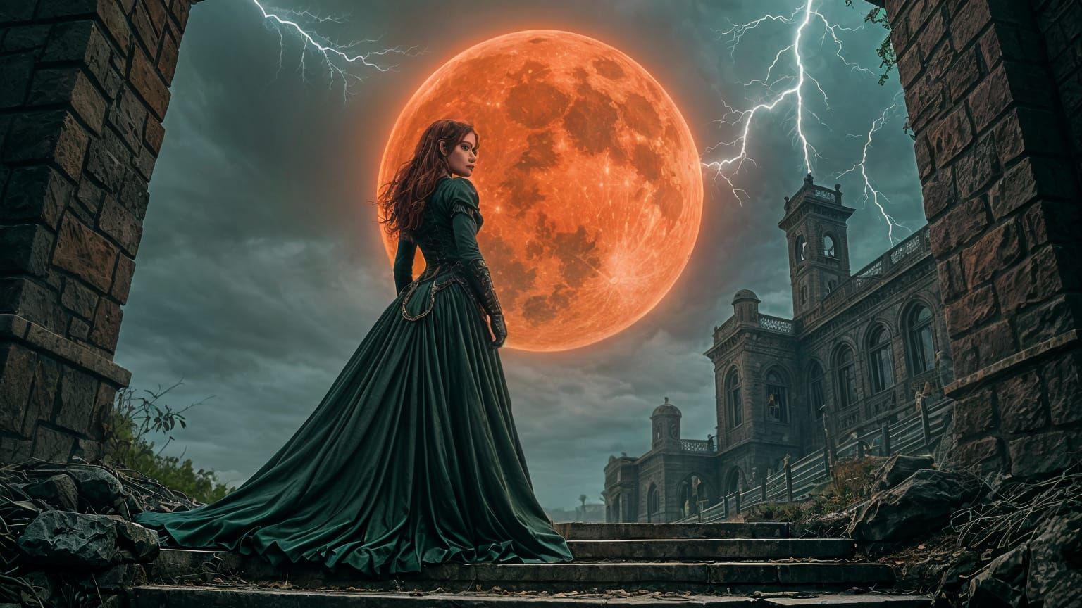 Steampunk Lady on Stairs Under Red Moon and Lightning