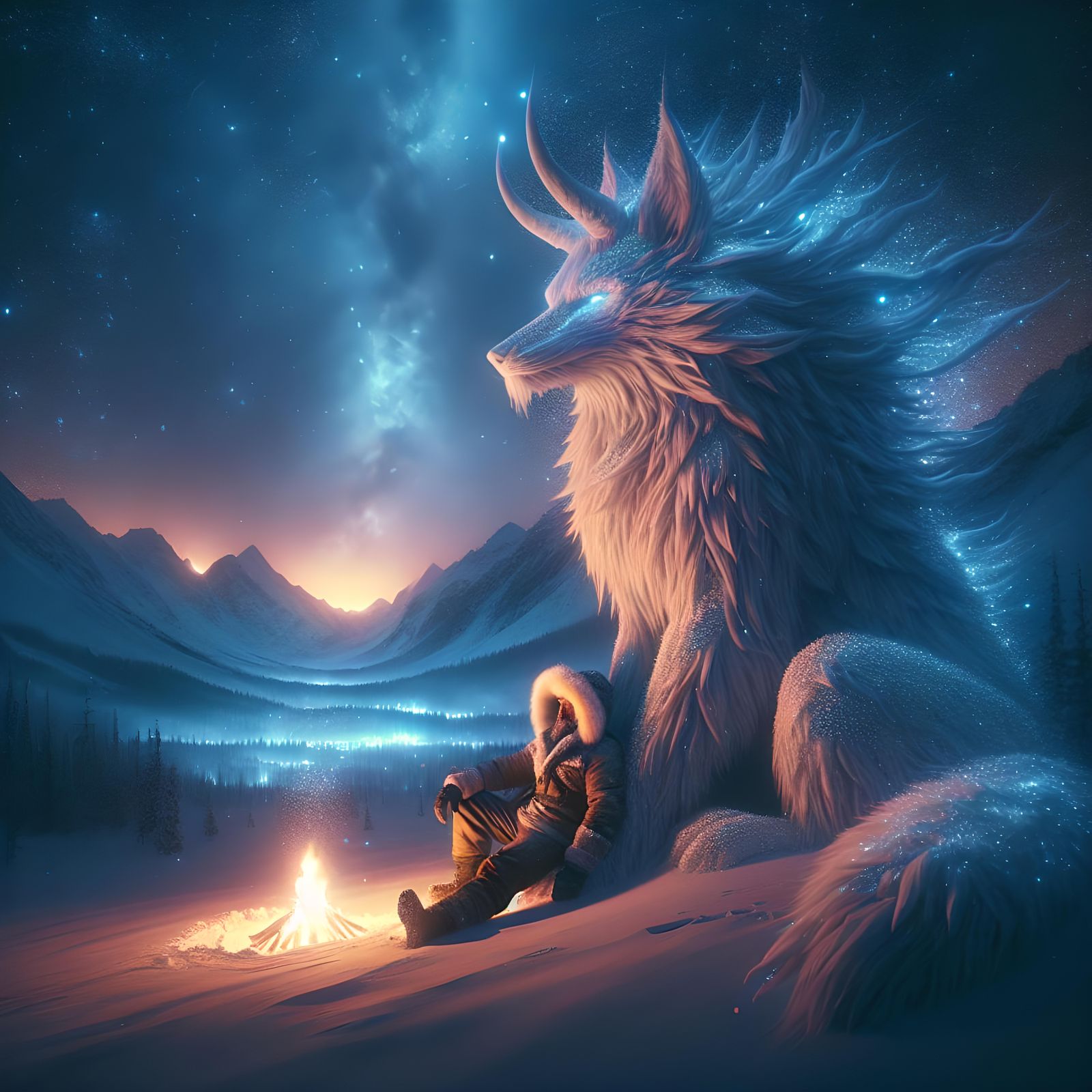 Dreamlike Winter Scene with Fox Guardian